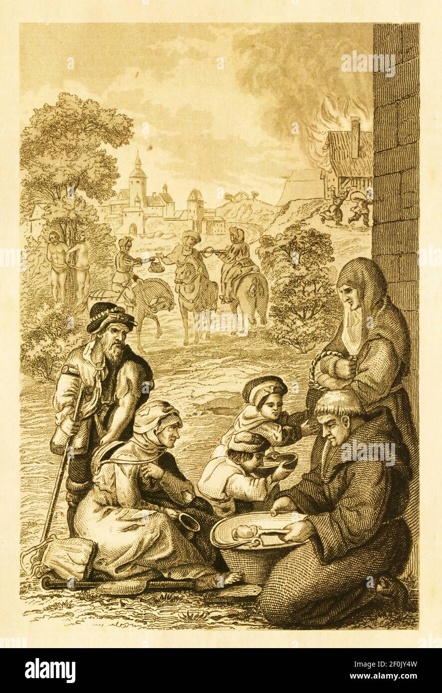 Antique 19th-century illustration of vagrants in XVI century (c. 1530). Published in Systematischer Bilder-Atlas zum Conversations-Lexikon, Ikonograph Stock Photo