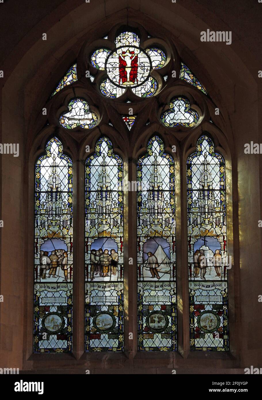 A stained glass window by The Kempe Studios depicting The Story of Robert Falcon Scott's Polar Expedition, St Peter's Church, Binton, Warwickshire Stock Photo