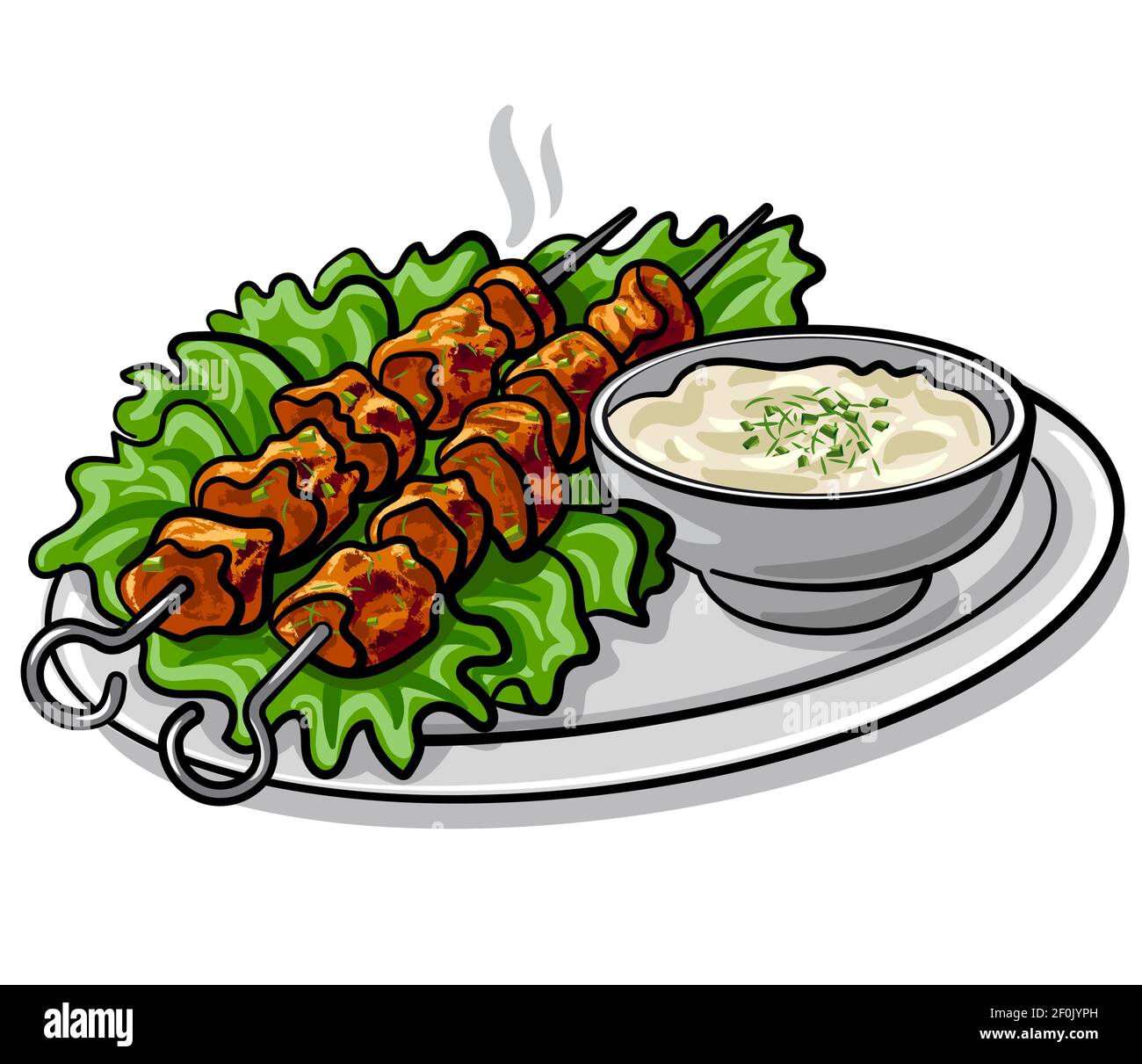 illustration of the shish tawook kebab with sauce and lettuce on the plate Stock Vector