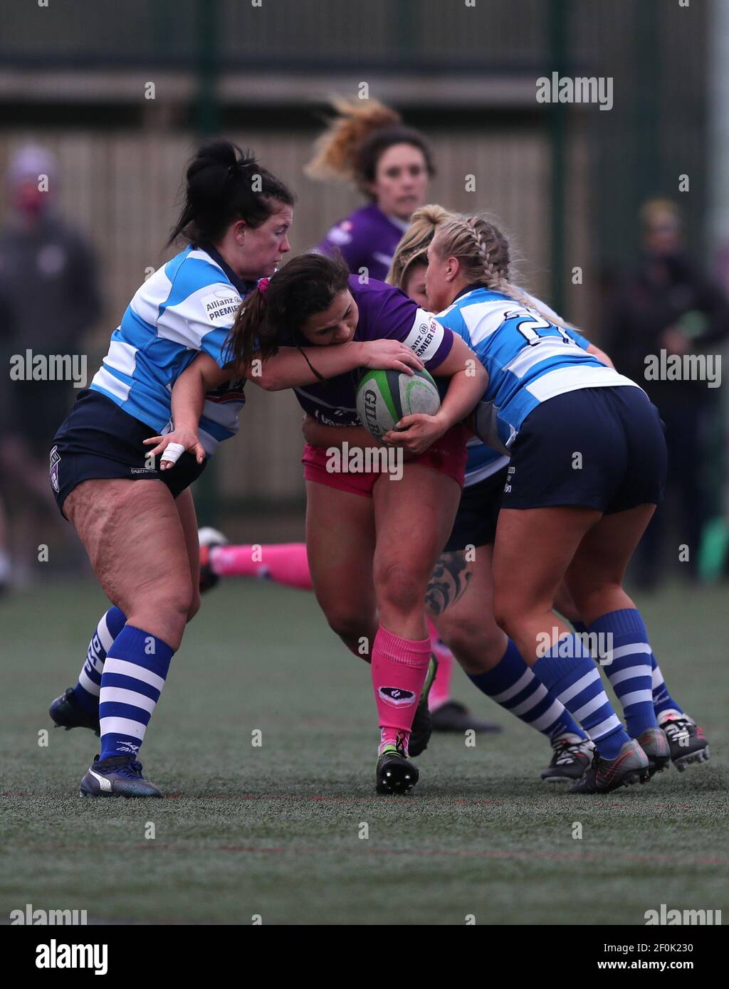 DURHAM CITY, ENGLAND. MARCH 6TH: Sam Herrick and Sophie Dowson of Darlington Mowden Park Sharks and Katie Trevarthen of Loughborough Lightning during the WOMEN'S ALLIANZ PREMIER 15S match between DMP Durham Sharks and Loughborough Ligntning at Maiden Castle, Durham City on Saturday 6th March 2021. (Credit: Chris Booth | MI News) Credit: MI News & Sport /Alamy Live News Stock Photo