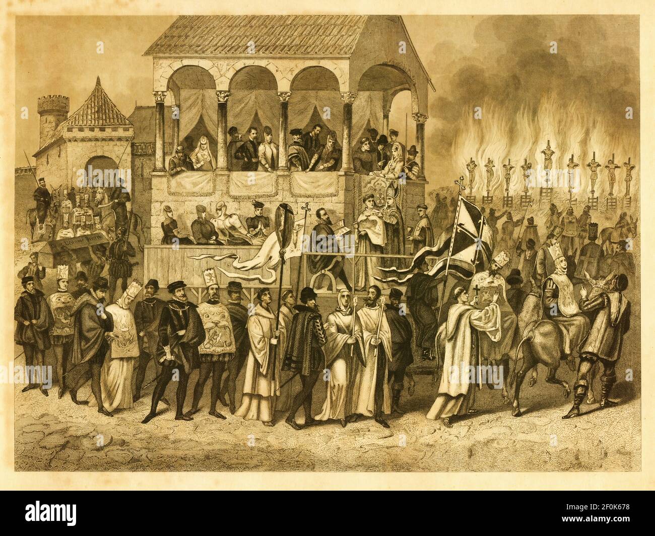 19th-century engraving of heretics burned at the stake by the Spanish Inquisition (Spanish Auto de fe). Published in Systematischer Bilder-Atlas zum C Stock Photo