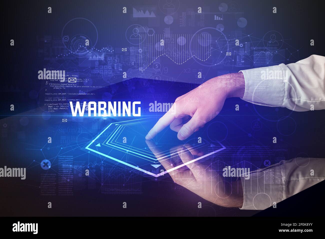 Hand touching digital table with WARNING inscription, new age security ...