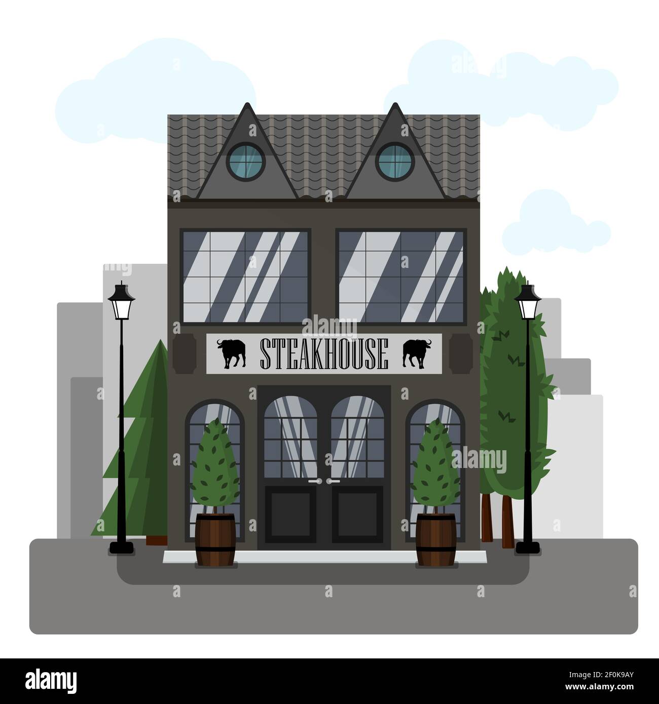 Steakhouse exterior vector illustration. Flat design of facade. Restaurant building concept. Grey two-story restaurant in the European style Stock Vector