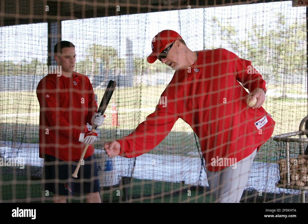 St. Louis Cardinals hitting instructor Mark McGwire works with minor