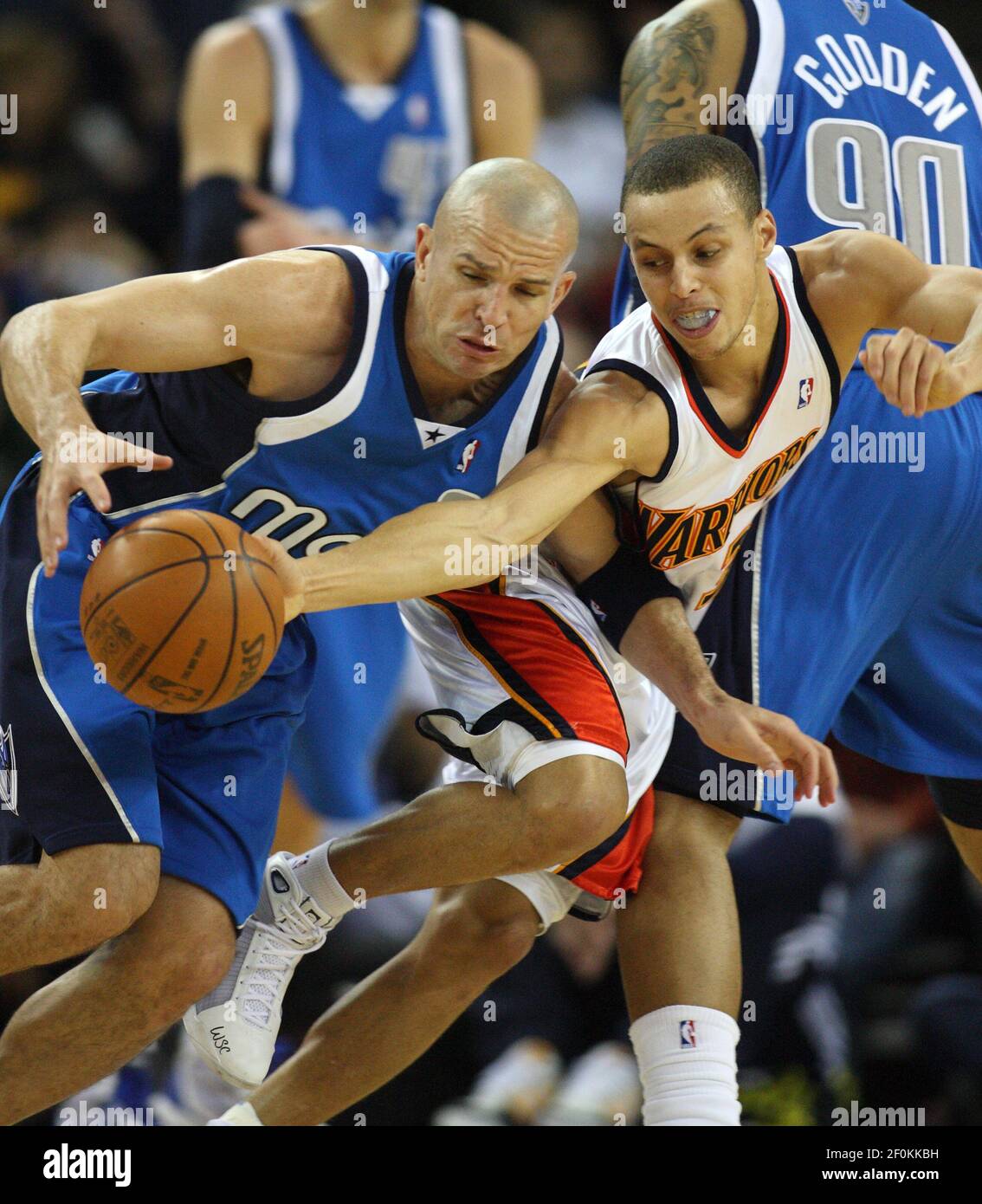 Golden State Warriors&apos; Stephen Curry, right, steals the ball from  Dallas Mavericks&apos; Jason Kidd during the first quarter of an NBA  basketball game, Monday, February 8, 2010, at Oracle Arena in Oakland,
