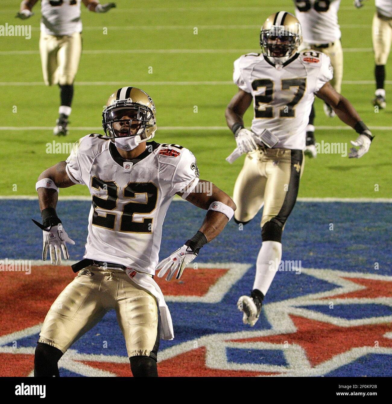 New Orleans Saints cornerback Tracy Porter (22) hits the end zone for a  touchdown during the fourth quarter as the New Orleans Saints beat the  Indianapolis Colts 31-17, Sunday, February 7, 2010
