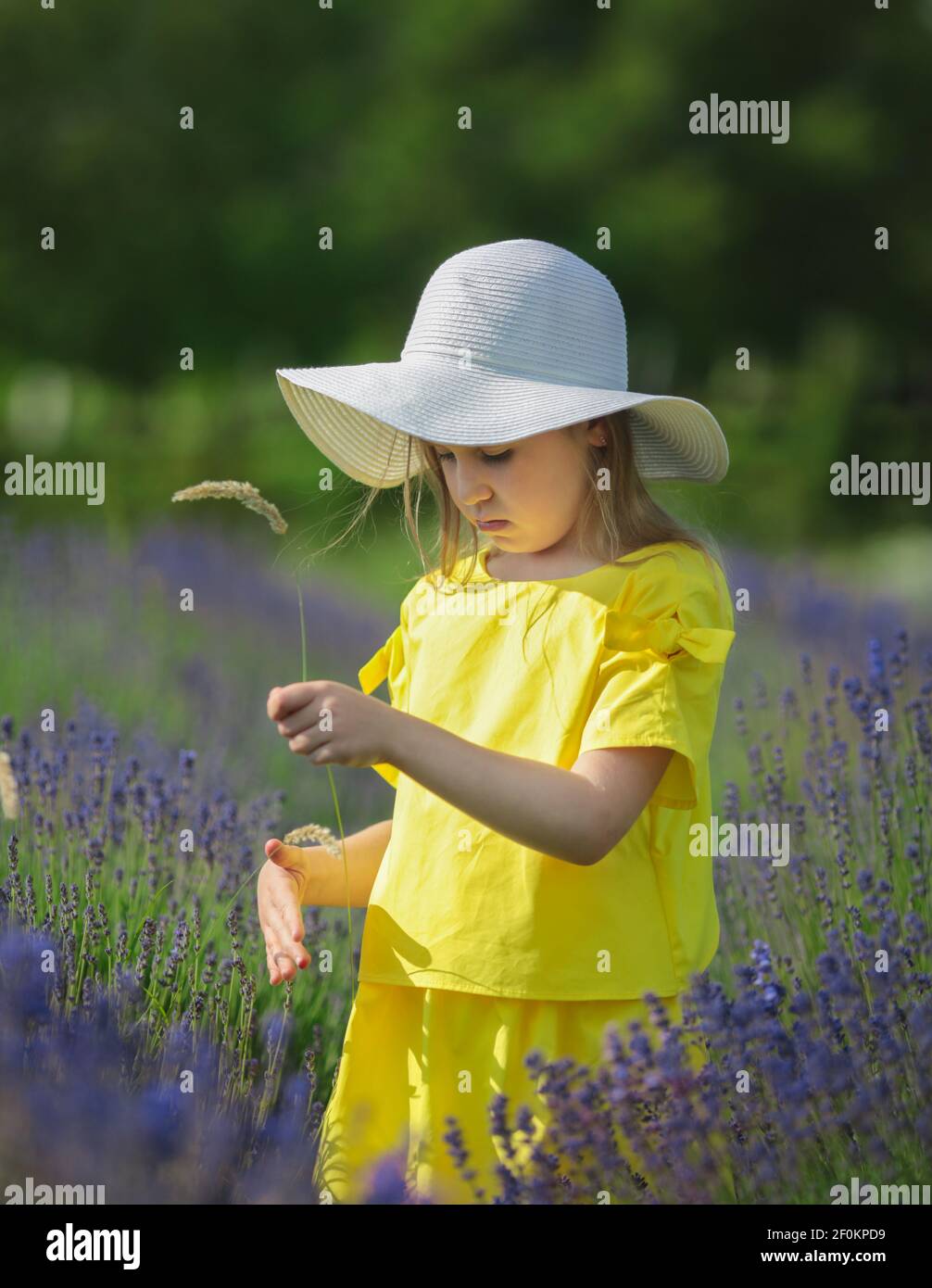 Beautiful little girl in a yellow dress and white hat walking in a ...