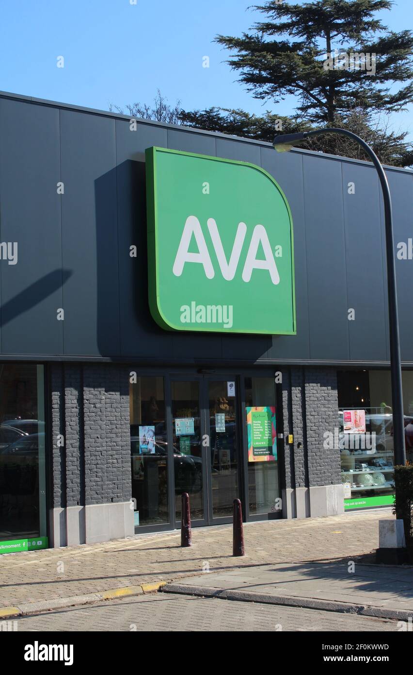 AALST, BELGIUM, 6 MARCH 2021: Exterior view of an AVA paper and stationery shop in Aalst. AVA have a chain of around 50 shops in Belgium and Luxembour Stock Photo