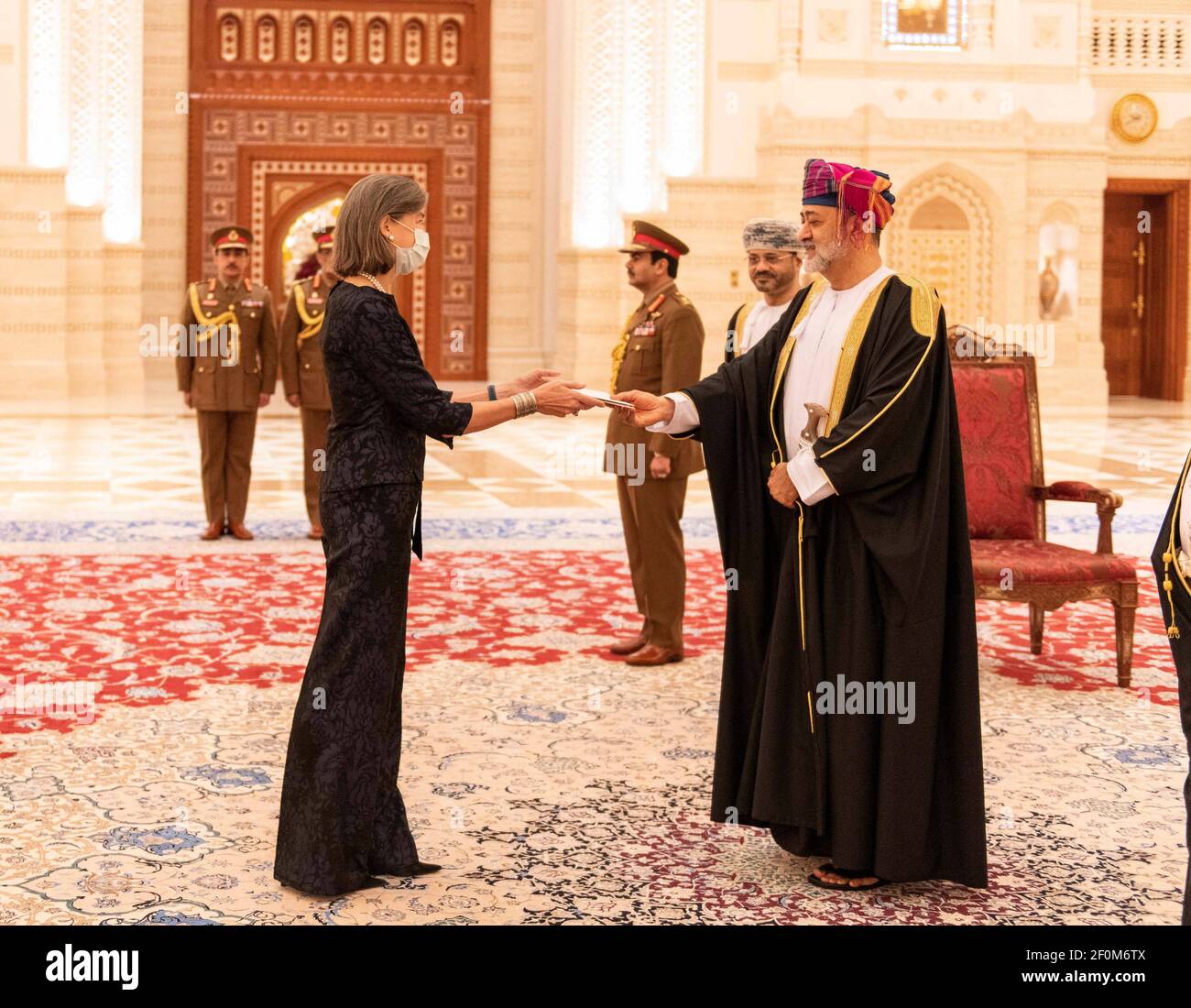 New Sultan Haitham Bin Tariq Bin Taimour of Oman (right) during a ceremony of receiving new ambassadors letters of credentials, at Al Alam palace in Muscat, Oman, on February 16, 2021. Photo by Balkis Press/ABACAPRESS.COM Stock Photo