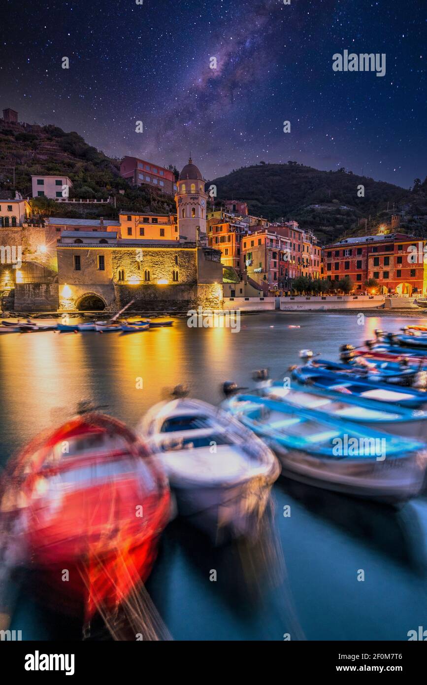 Starry night over Vernazza, Cinque Terre, Liguria, Italy Stock Photo