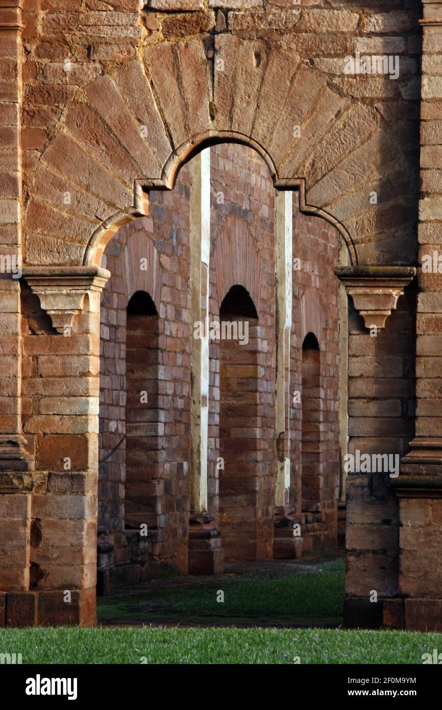 The ruins of the early 18th century Jesuit mission at Trinidad del Parana, Paraguay pictured on July 29, 2015. La Santisima Trinidad de ParanÃ¡, or the Most Holy Trinity of ParanÃ¡ is the name of a former Jesuit Reductions in Paraguay. (Photo by Dominic Dudley/Pacific Press) *** Please Use Credit from Credit Field *** Stock Photo