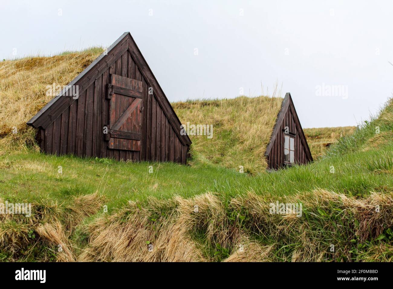 Turf houses built in traditional manner, Northern Iceland Stock Photo