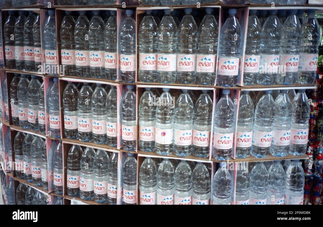 Bottles of imported Evian water on sale in a supermarket on June 2