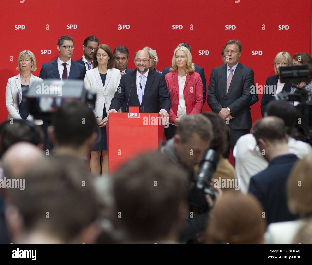SPD Chancellor candidate Martin Schulz and the SPD candidate to the German state of NRW, Hannelore Kraft are addressing his party's supporters and members of the press the day after the local elections in North Rhine-Westphalia, on May 15, 2017. (Photo by Omer Messinger) *** Please Use Credit from Credit Field ***  Stock Photo
