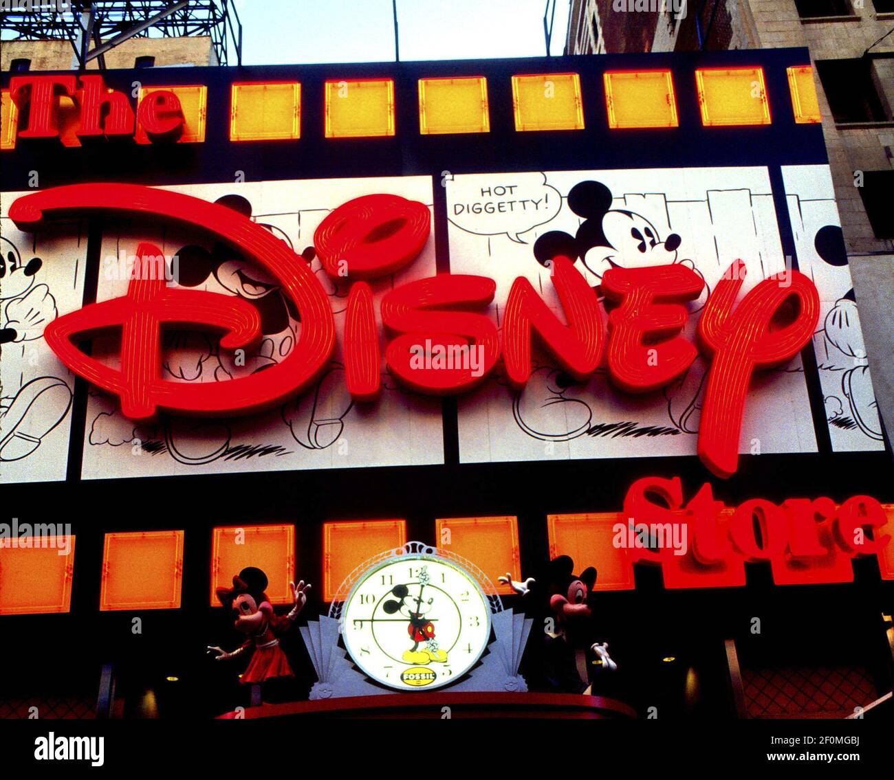 The neon sign of the Times Square Disney Store on December 12, 1998