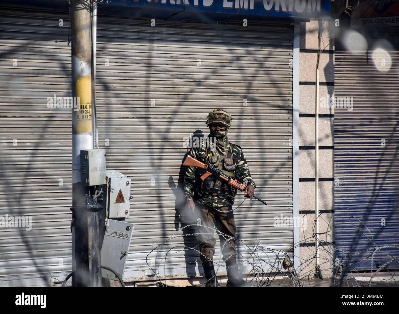A separatist-called shutdown on Feb. 9, 2019 in the Kashmir Valley to mark the sixth anniversary of of the death of Afzal Guru. Guru was executed in Delhi's Tihar Jail on this day in 2013. (Photo by Musaib Mushtaq/Pacific Press/Sipa USA) Stock Photo