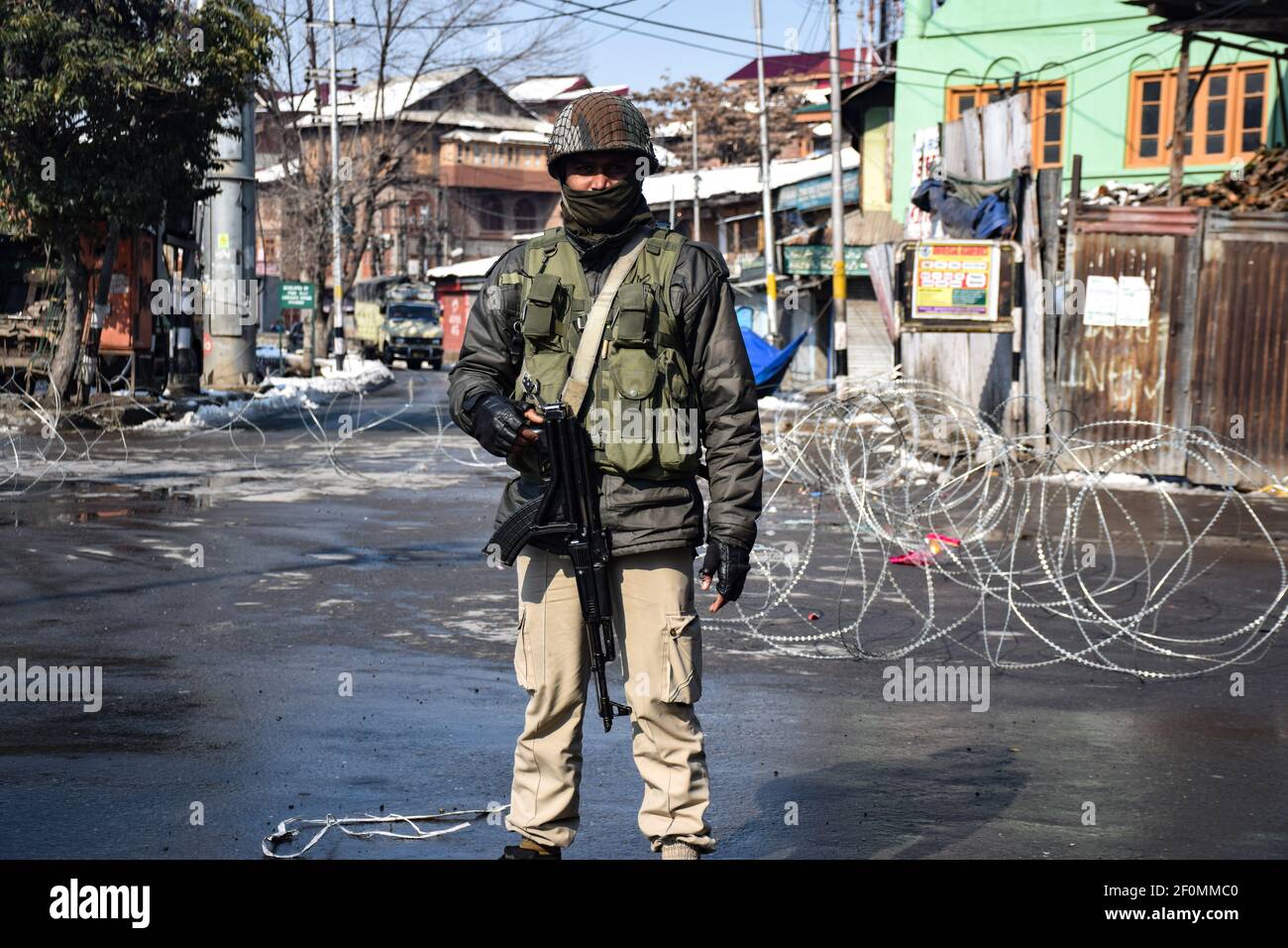 A separatist-called shutdown on Feb. 9, 2019 in the Kashmir Valley to mark the sixth anniversary of of the death of Afzal Guru. Guru was executed in Delhi's Tihar Jail on this day in 2013. (Photo by Musaib Mushtaq/Pacific Press/Sipa USA) Stock Photo