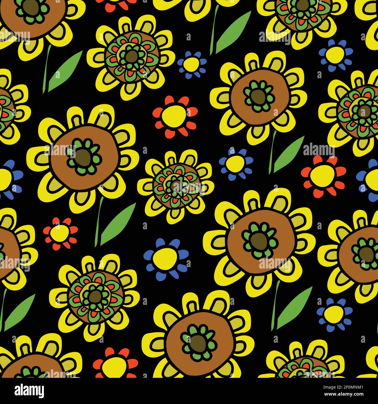 Seamless vector pattern with hand drawn sunflowers on black background ...