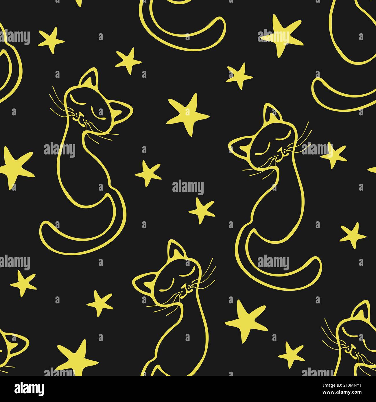 Seamless vector pattern with outlined cats and stars on black ...