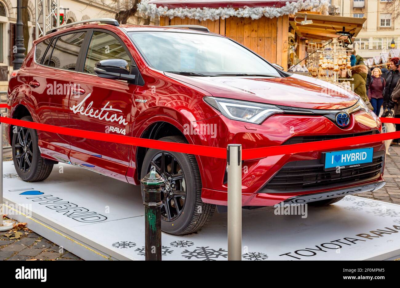 Budapest, Hungary - December 24, 2017: Red Toyota RAV4 Hybrid on display stand at the christmas market in Budapest, Hungary Stock Photo