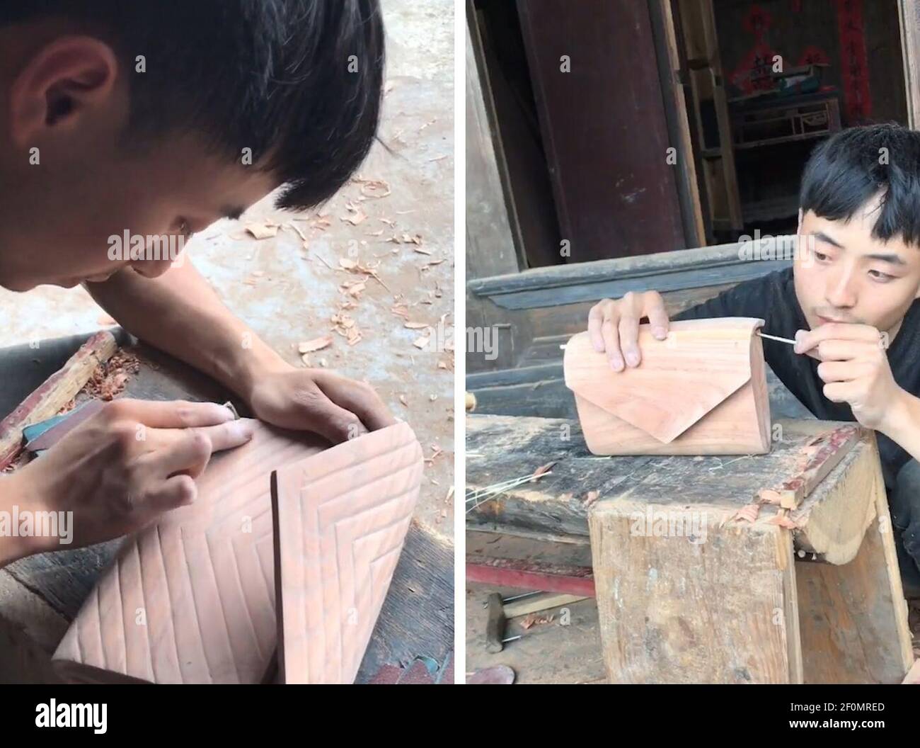 In this undated and composite photo, 24-year-old Chinese man An Xu makes a wooden handbag of Yves Saint Laurent (YSL) for his girlfriend at home in Zunyi city, southwest China's Guizhou province. 24-year-old Chinese man An Xu from Zunyi city, southwest China's Guizhou province, was fond of handicraft work when he was young. He had one million fans after making live broadcast of creating tools from video games. He decided to make a handbag of Yves Saint Laurent (YSL) for his girlfriend. (Photo by Yi fang - Imaginechina/Sipa USA) Stock Photo