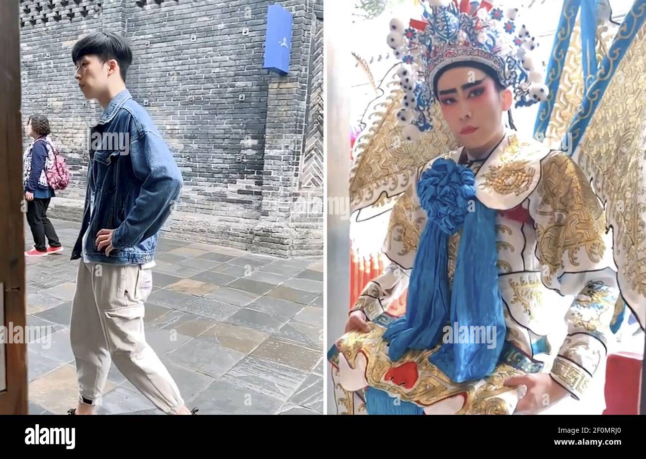 This composite photo shows a tourist wearing Sichuan Opera costume before and after in Chengdu city, southwest China's Sichuan province. Chinese photographer You Hang captured a series of photos related with Sichuan Opera costumes in Chengdu city, southwest China's Sichuan province, which went viral on the internet. (Photo by Yi fang - Imaginechina/Sipa USA) Stock Photo