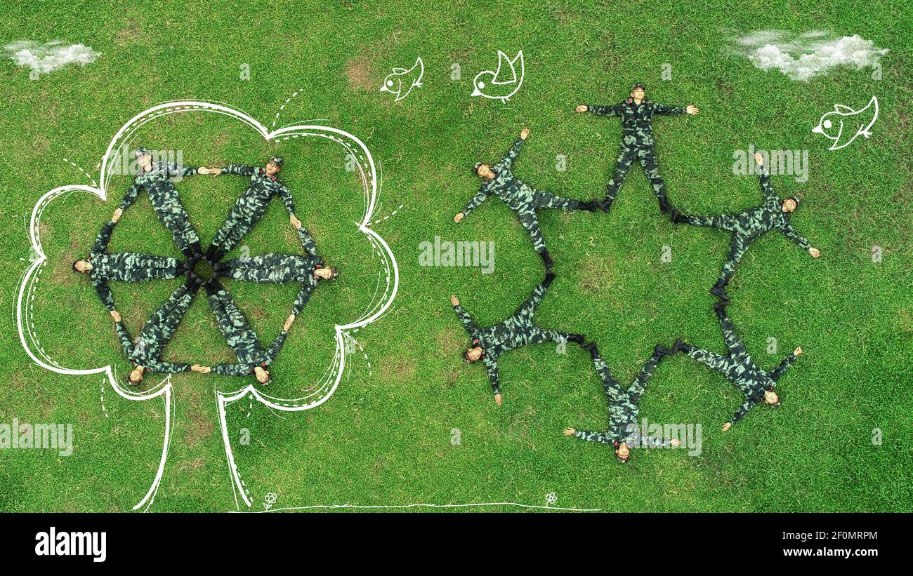 An aerial view of undated and creative photos released by Chinese paramilitary policemen to mark their military life before leaving the army at a base of Chinese Armed Police Force (CAPF) in Beihai city, south China's Guangxi Zhuang Autonomous Region. (Photo by Yu haiyang - Imaginechina/Sipa USA) Stock Photo