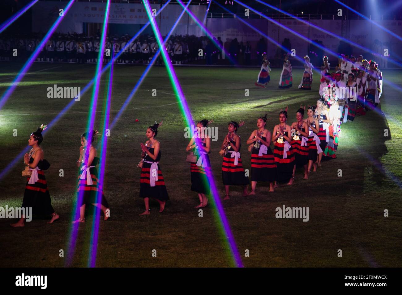 Dancers perform during the opening ceremony of the 13th South Asian Games (SAG) in Kathmandu, Nepal. 01 December 2019. At present, SAG 2019 are joined by seven members namely Bangladesh, Bhutan, India, the Maldives, Nepal, Pakistan, and Sri Lanka. SAG 2019 is being hosted by Nepal and games will be played in Kathmandu and Pokhara from December 1, 2019 to December 10, 2019. 27 games are being played in the 2019 iteration of South Asian Games.. (Photo by Prabin Ranabhat/Pacific Press/Sipa USA) Stock Photo