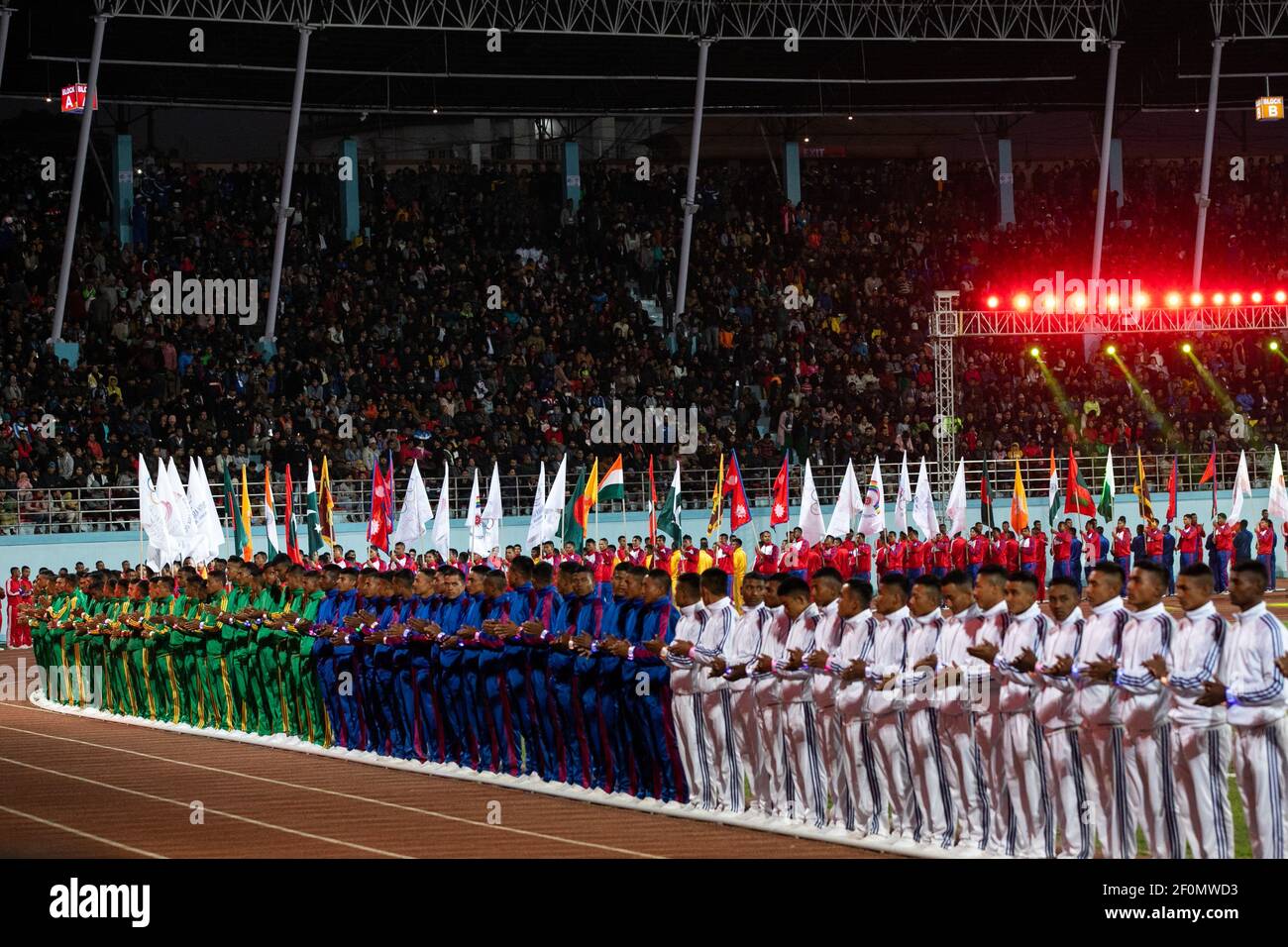 Dancers perform during the opening ceremony of the 13th South Asian Games (SAG) in Kathmandu, Nepal. 01 December 2019. At present, SAG 2019 are joined by seven members namely Bangladesh, Bhutan, India, the Maldives, Nepal, Pakistan, and Sri Lanka. SAG 2019 is being hosted by Nepal and games will be played in Kathmandu and Pokhara from December 1, 2019 to December 10, 2019. 27 games are being played in the 2019 iteration of South Asian Games.. (Photo by Prabin Ranabhat/Pacific Press/Sipa USA) Stock Photo