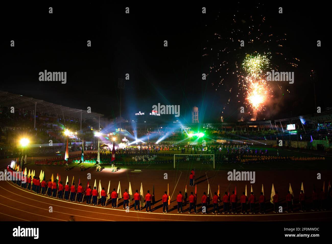 Fireworks display during the opening ceremony of the 13th South Asian Games (SAG) in Kathmandu, Nepal. 01 December 2019. At present, SAG 2019 are joined by seven members namely Bangladesh, Bhutan, India, the Maldives, Nepal, Pakistan, and Sri Lanka. SAG 2019 is being hosted by Nepal and games will be played in Kathmandu and Pokhara from December 1, 2019 to December 10, 2019. 27 games are being played in the 2019 iteration of South Asian Games.. (Photo by Prabin Ranabhat/Pacific Press/Sipa USA) Stock Photo