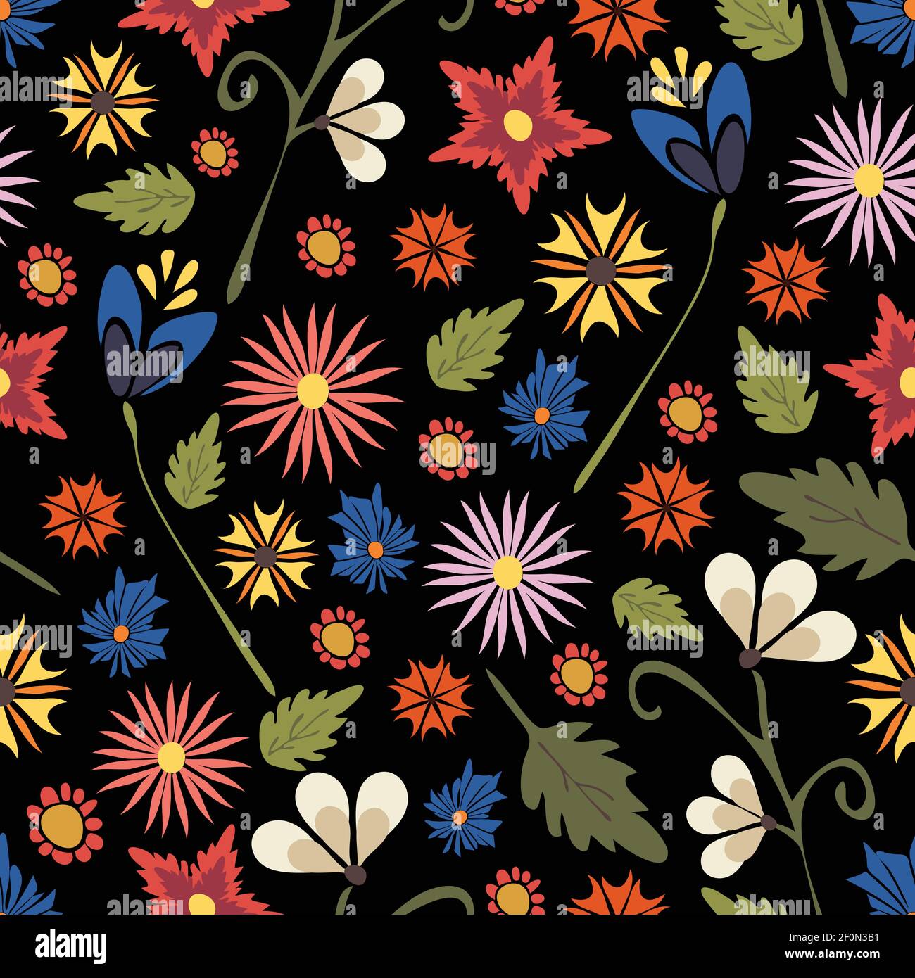 Vector seamless pattern with colourful wildflowers on black background ...