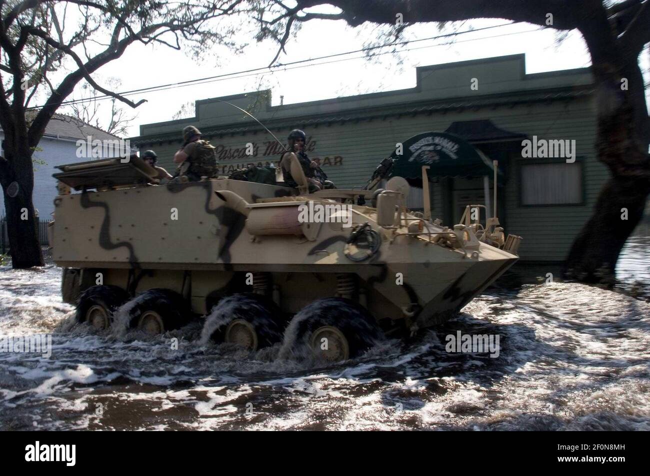 5 Sept 2005 - New Orleans, LA - Hurricane Katrina aftermath. New Orleans. The US military patrol the streets in amphibious vehicles, heavily armed but also capabable of collecting the last remaining people stranded by the storm. Photo Credit: Charley Varley/Sipa Press /0509071741 Stock Photo