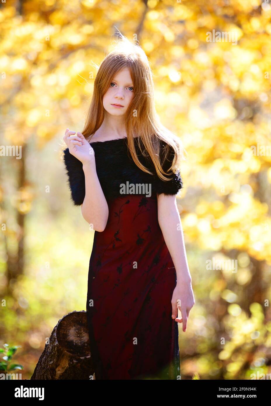 Beautiful young girl with long red hair in red dress outdoors in Fall ...