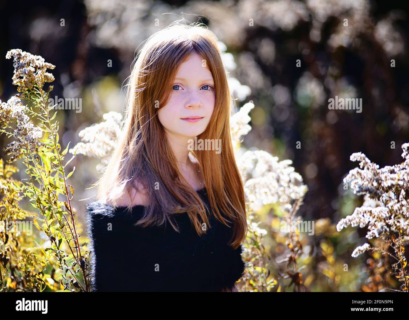 Beautiful young girl with long red hair in red dress outdoors in Fall ...