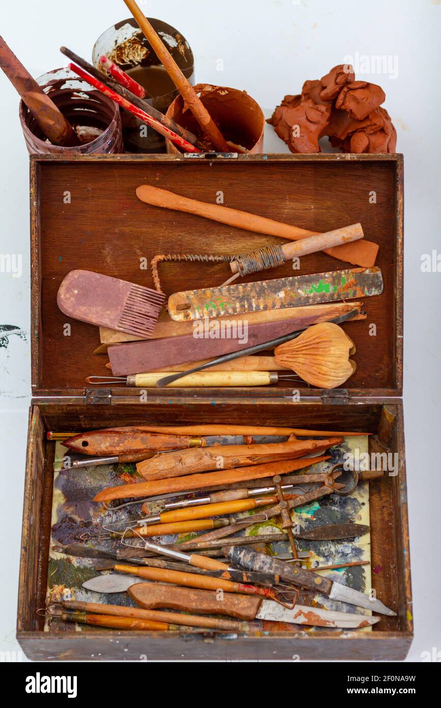 Art concept. Instruments used to model sculpture. Box with various