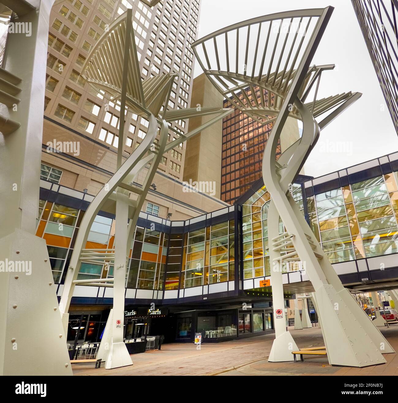 CALGARY, ALBERTA, CANADA, OCTOBER 8, 2018: Stephen Avenue, Calgary, famous steel “Galleria Trees”, by Trizec Hahn Office Properties and others Stock Photo