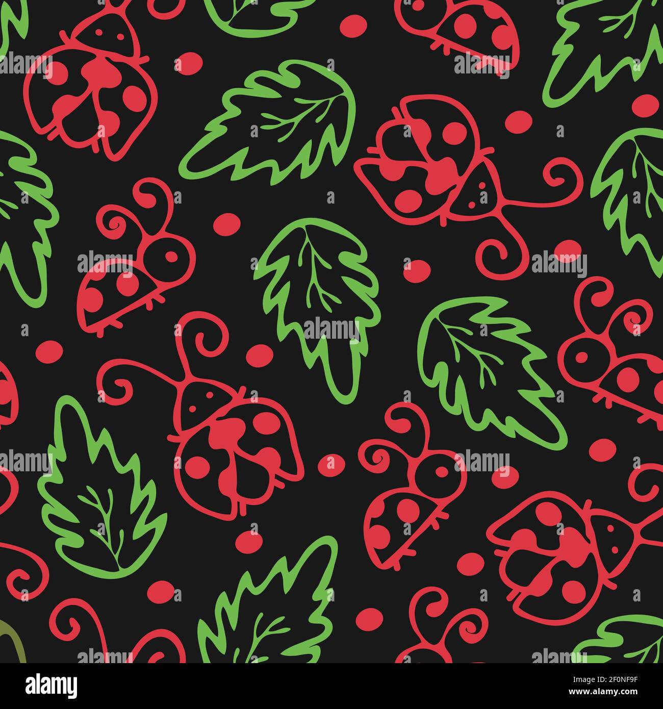 Seamless vector pattern with outlined ladybirds and leaves on black ...