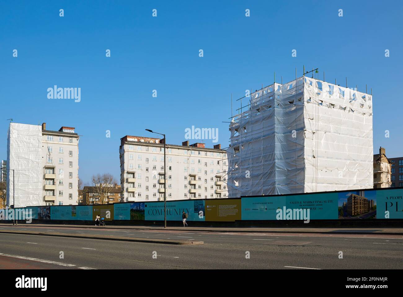 Blocks of flats at Woodberry Down, Hackney, North London UK, in March 2021, in the process of being demolished for a new housing project Stock Photo