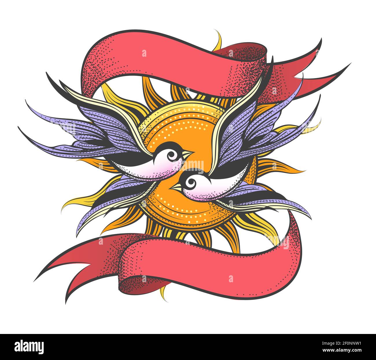 Two Flying Birds against sun and ribbons drawn in tattoo style. Vector illustration. Stock Vector