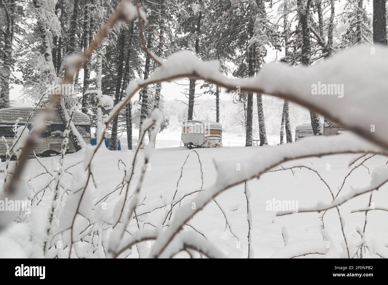 Camper van in pine forest covered with snow at cold winter day Stock ...