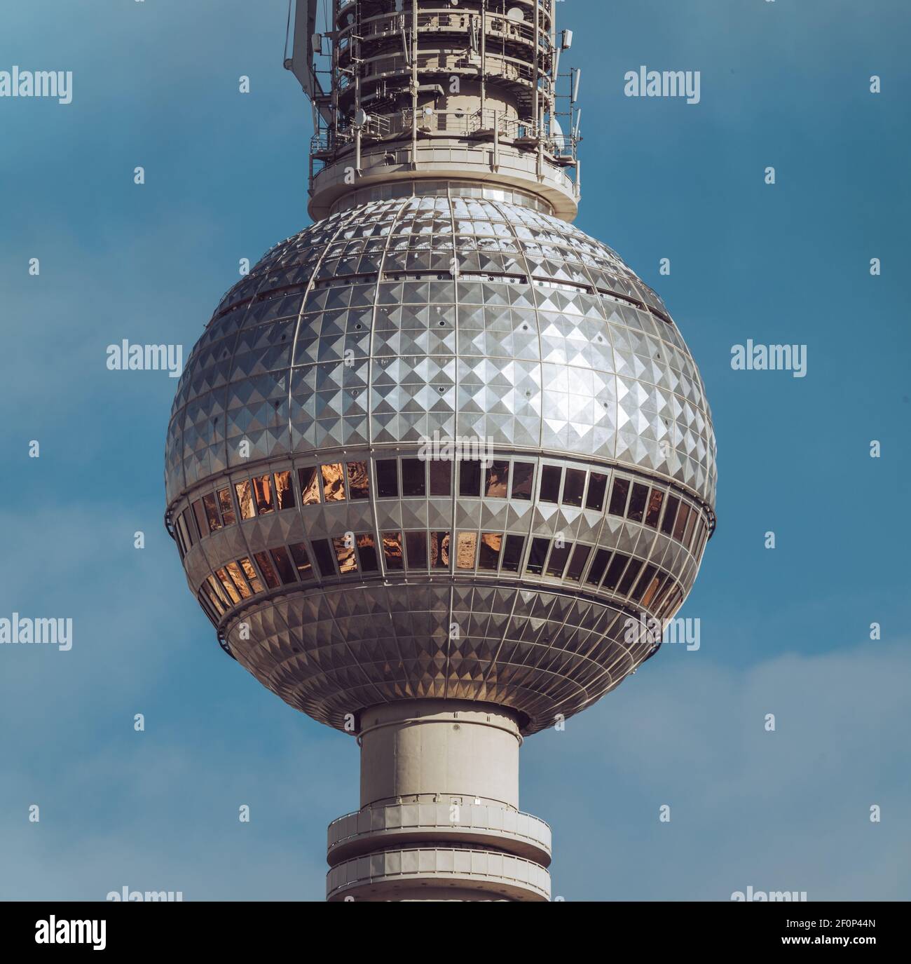BERLIN, GERMANY - Feb 10, 2021: Aerial view towards snow covered Berlin TV Tower near Alexanderplatz after blizzard. Stock Photo