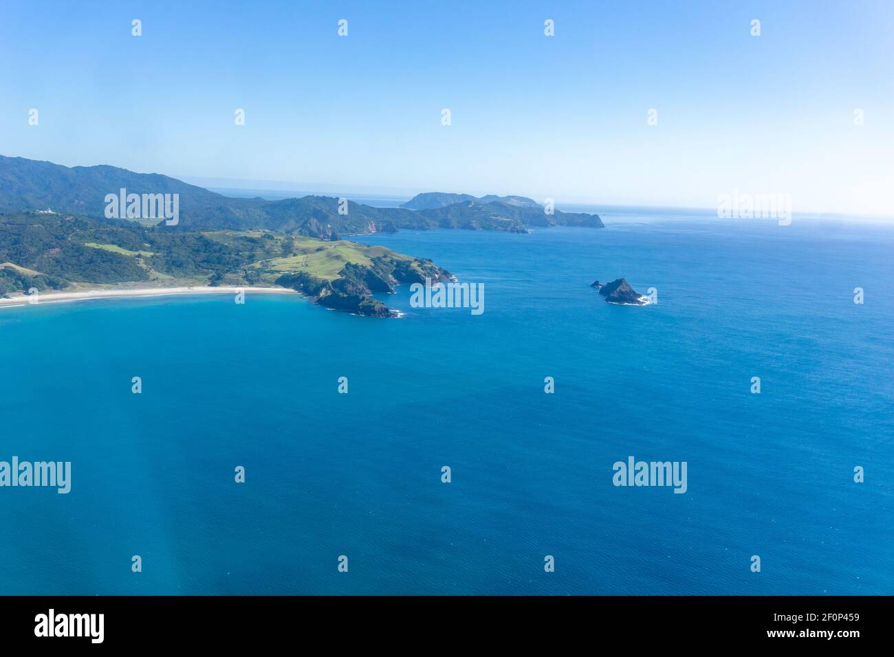 Aerial image of landscape and coastal area of Great Barrier Island in