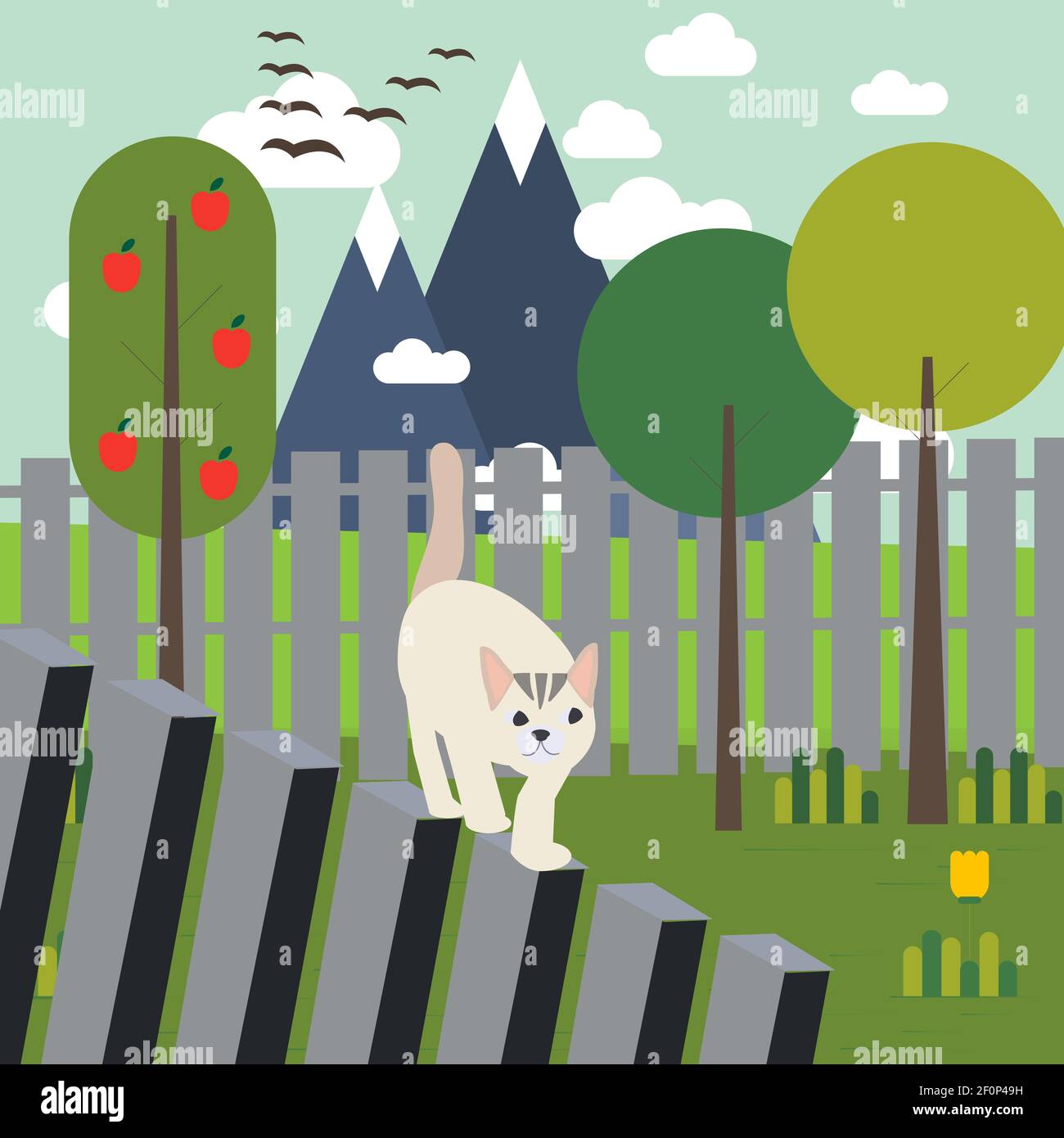 A cat walks on a garden fence Stock Photo - Alamy