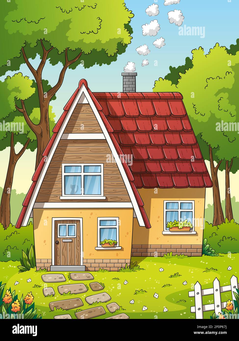House with garden. Hand drawn vector illustration with separate layers. Stock Vector