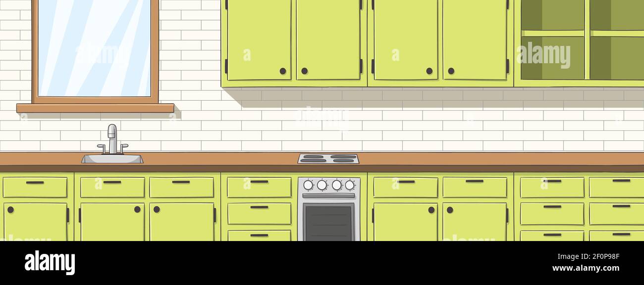 Empty kitchen, panorama. Hand drawn vector illustration with separate layers. Stock Vector