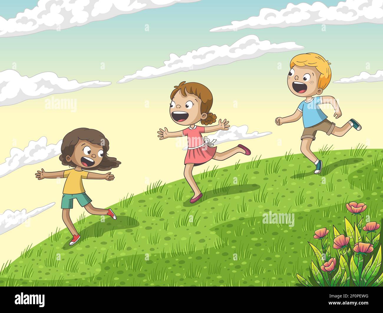 Three children runing across a meadow. Hand drawn vector illustration with separate layers. Stock Vector
