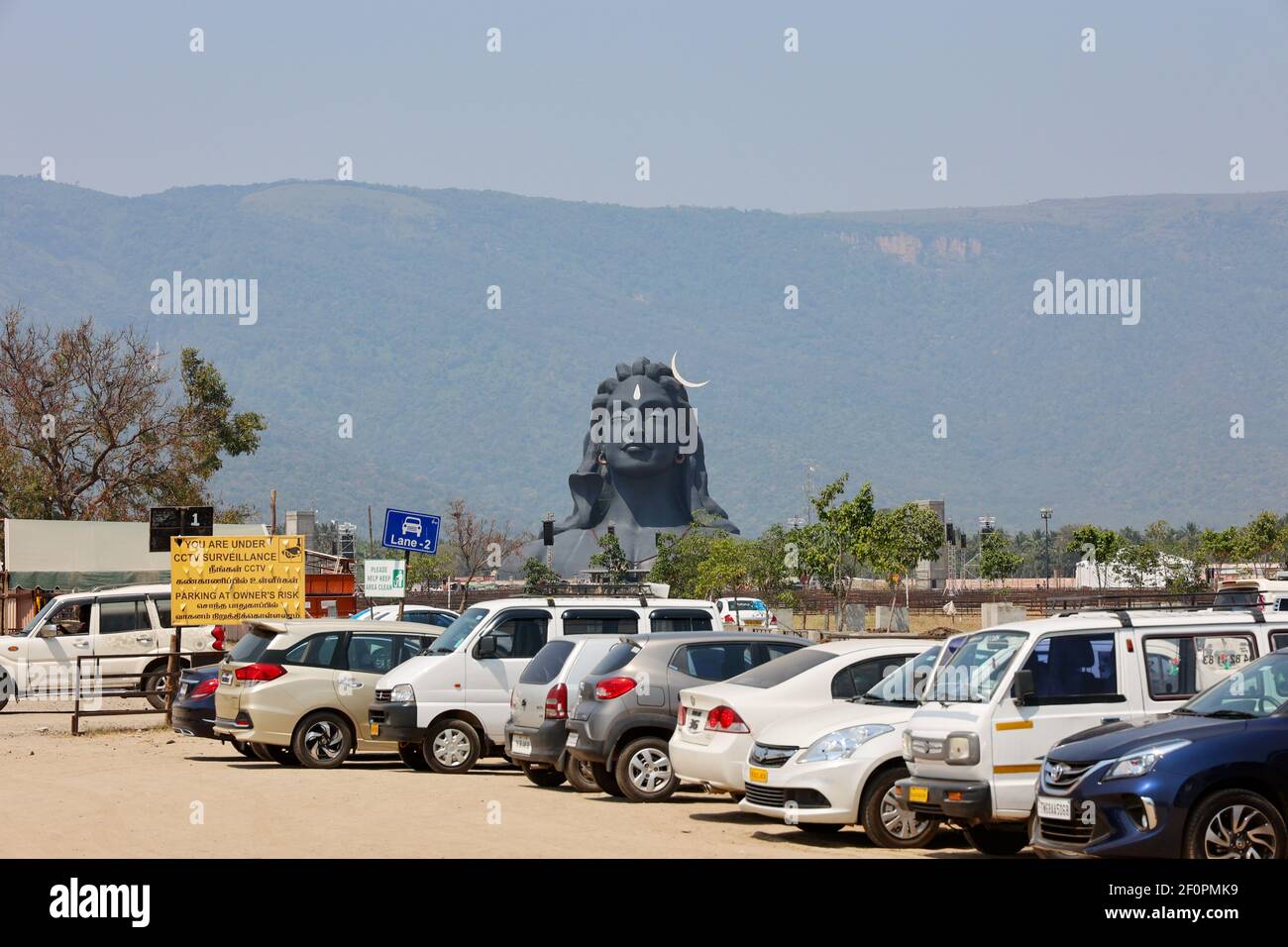 The giant Adiyogi Shiva Statue as seen from car parking lot at Isha Yoga Center, Coimbatore, Tamil Nadu, India Stock Photo