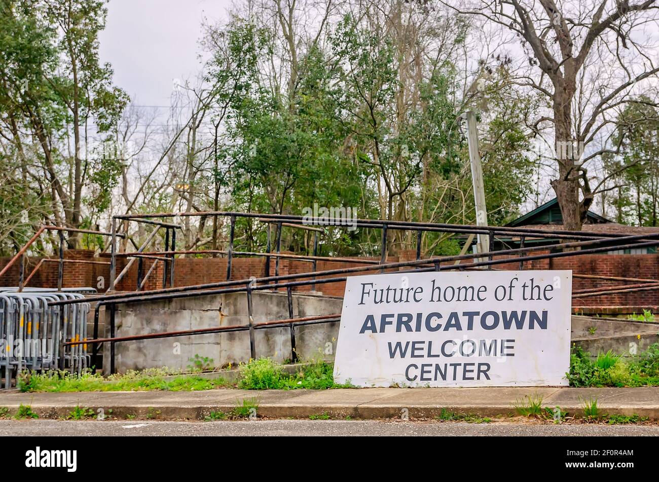 A sign announces the Africatown Center, March 5, 2021