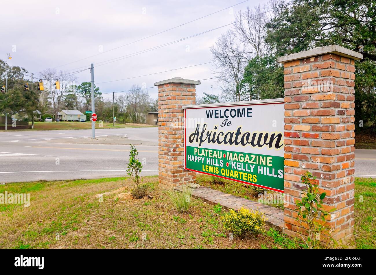 A sign visitors to Africatown in Mobile, Alabama. Africatown