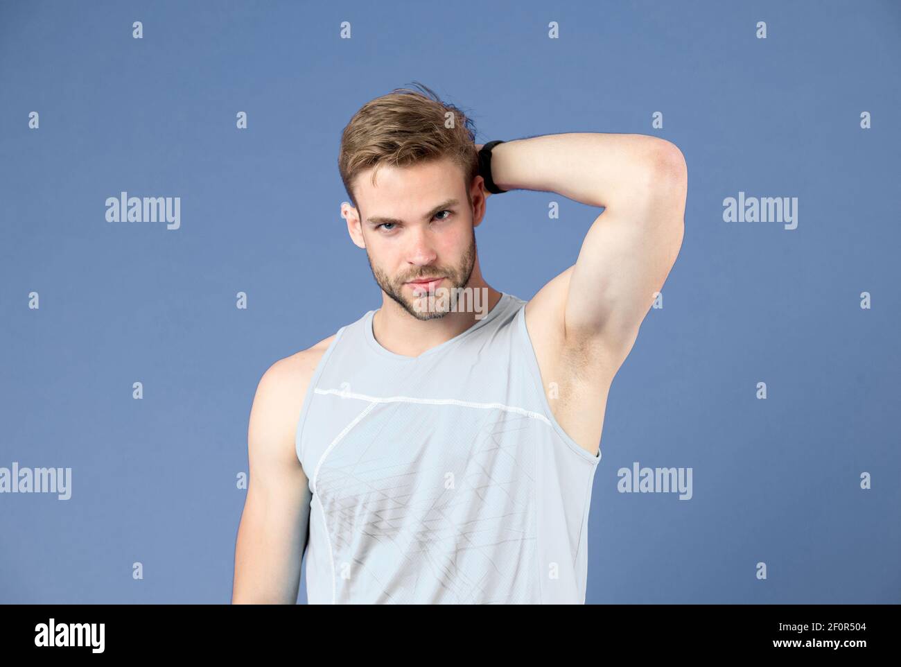 Workout is over. Man in sporty outfit finished daily training. How to avoid the biggest workout mistakes. Secret of effective daily workouts. Guy confident face just finished exercise Stock Photo Alam...